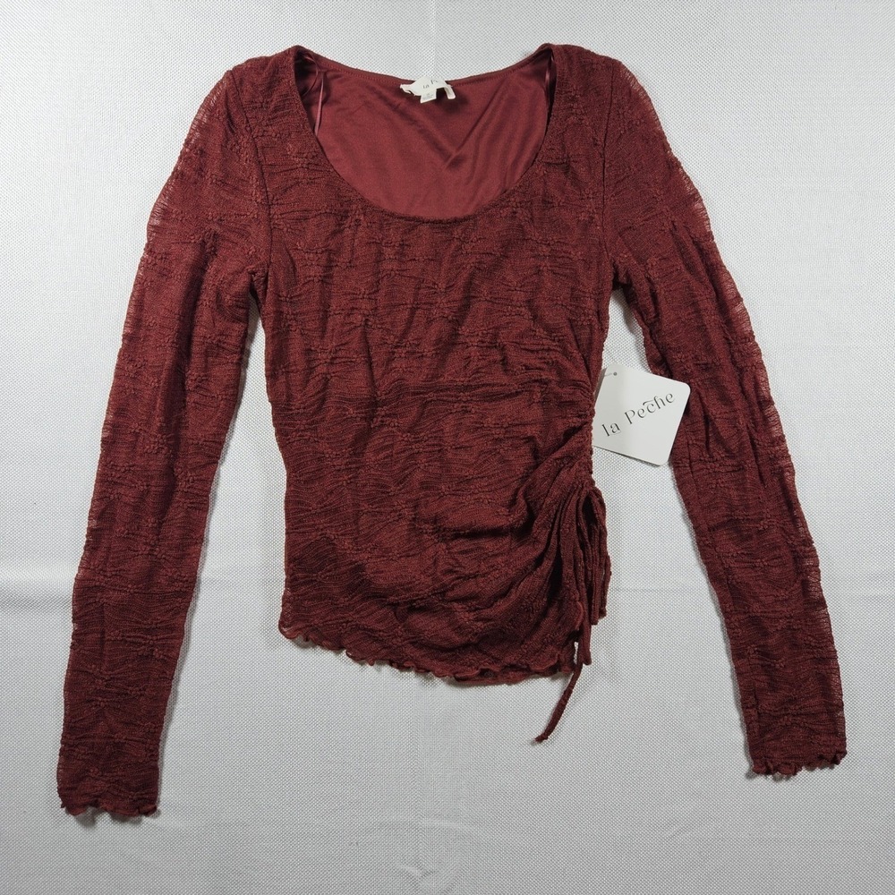 NWT la Peche Women's Burgundy Ruched Mesh Long Sleeve Top Small Fairy Whimsygoth
